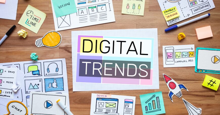 Illustration of digital marketing trends for 2024, including voice search optimization, AI-powered personalization, interactive content, hyperlocal targeting, and sustainability marketing.